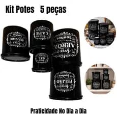Kit 5 Potes Cozinha Mantimentos Plástico Tampa Segura Arroz Feijão Café