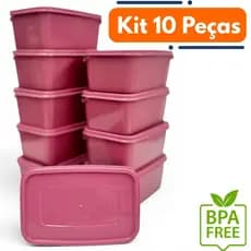 Super Kit 10 Potes 1L com Tampa Marmita Pronta, Leve pro Trabalho, Freezer e Micro-ondas