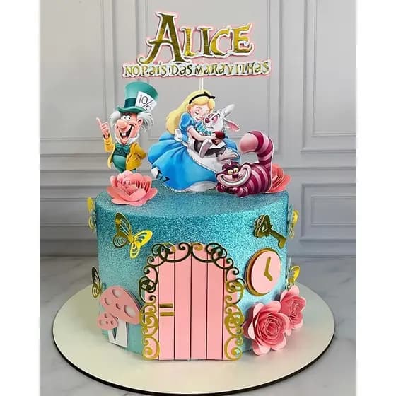 Topo de Bolo Alice no país das maravilhas Personalizado 3D | Nome e Idade | Papel Fotográfico 180g