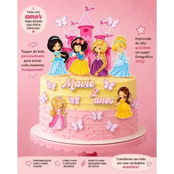 Topo de Bolo Personalizado Princesas com nome e idade.