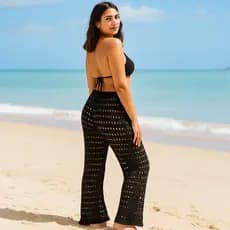 Calça Saída de Praia Feminina  em Crochê com Cadarço – Roupas de Praia, Moda Verão, Pantalona Vazado