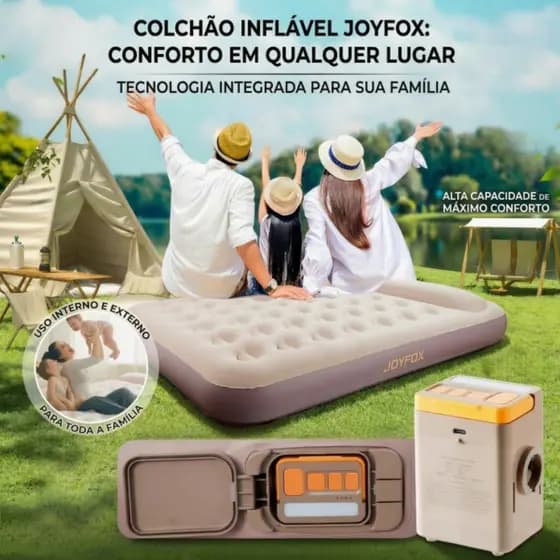 Colchão Inflável Queen JOYFOX com Bomba Recarregável 3 Min 300kg Colchão de Ar com Travesseiro para Casa Camping Hóspede