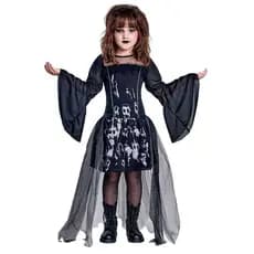 Fantasia Bruxa Halloween Infantil Vestido Longo e Moderno com Caveiras