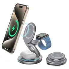 Carregador 3 em 1 por Indução – Rápido para Celular, Smartwatch e Fone de Ouvido Sem Fio