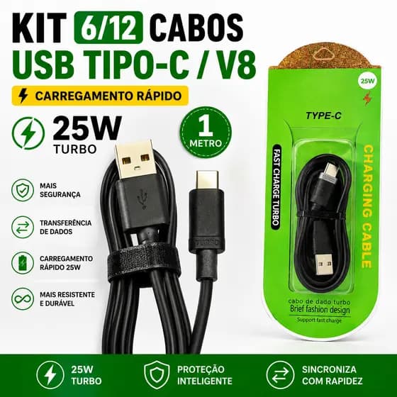 Cabos Turbo Tipo C 25W Compatível Iphone Samsung Xiaomi Motorola rapido alta qualidade