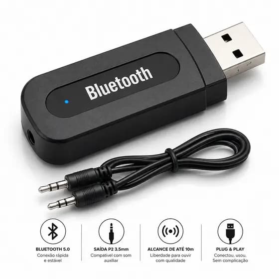 Adaptador Bluetooth USB Receptor Áudio P2 3.5mm para Som Automotivo, TV e PC