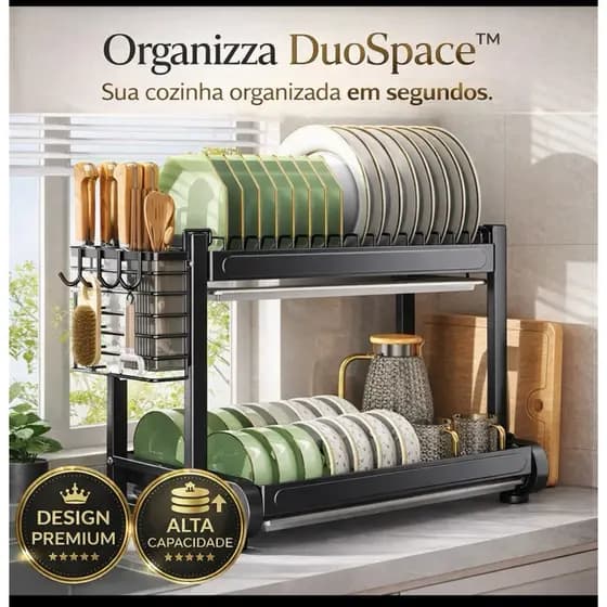 Escorredor de Louça 2 Andares Organizza DuoSpace™ Preto Fosco Multifuncional Grande Antiferrugem Cozinha Compacta