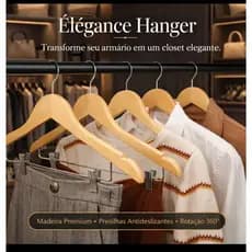 Cabide de Madeira com Presilhas Antideslizantes Verniz Gancho 360° Organizador de Roupas Premium