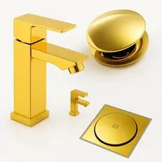 Kit Banheiro Dourado Acessórios Completo Torneira + Ralo Click + Válvula Click Moderno Luxo