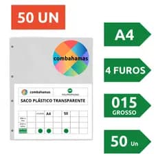 SACO PLÁSTICO, PP, A4, 23,5 X 30 X 015, GROSSO, 4 FUROS, PARA PASTA CATÁLOGO, 50 UN