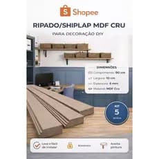Ripado MDF Shiplap Painel MDF Cru 6mm (KIT 5 UNID) 90x10cm