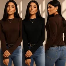 Blusa Feminina Manga Longa Cacharrel Gola Alta Segunda Pele Basica T-shirt