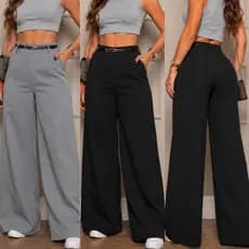 Calça Pantalona Alfaiataria Social Premium Com Bolso Cintura Alta Wide Leg