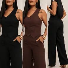Conjunto Alfaiataria Colete e Calça Pantalona Longa Estilosa Elegante Moderna Escritório