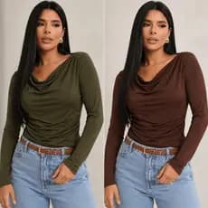 Blusa Feminina Manga Longa Gola Boba Inverno Suplex Casual Elegante