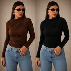 Blusa Feminina Elegante Marrom Manga Longa Suplex Drapeada Gola Alta Tendencia Blusinhas Moda
