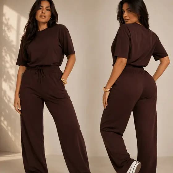 Conjunto Moletinho Feminino Inverno Calça Pantalona Blusa Mullet Manga Curta