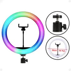 Ring Light Colorido RGB Iluminador Led Luz Flash Estudio Make 10 Pol 26cm Ballhead Suporte