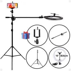 Tripé Girafa 360 Giratório Iluminação C Suporte + Ring Light NF Filmar Mesa Foto Cima Video