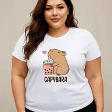 Camiseta Plus Size Feminina Estampada Capivara Café Treino 100% Algodão Premium Verão Blusa Camisa