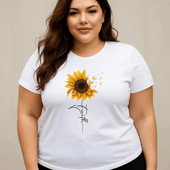 Camiseta Plus Size Feminina Estampada Girassol Treino 100% Algodão Premium Verão Blusa Camisa
