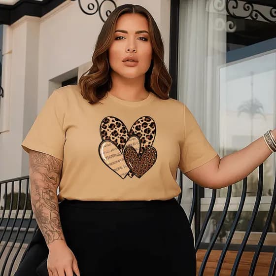 Camiseta Plus Size Feminina Estampada Coração Pintado Academia Treino 100% Algodão Premium Verão Blusa Camisa