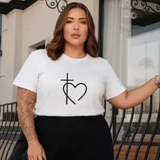 Camiseta Plus Size Feminina Cristão Estampada Coração Cruz Grande 100% Algodão Premium Verão Blusa Camisa