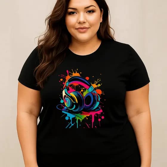 Camiseta Plus Size Feminina Estampada Fone Colorido Treino 100% Algodão Premium Verão Blusa Camisa