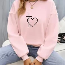 Moletom Feminino Careca Estampado Coraçao Cruz Cristão Evangélico Blusa De Frio 100% Algodão