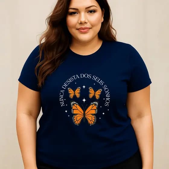 Camiseta Plus Size Feminina Estampada Borboletas Nunca Desista Treino 100% Algodão Premium Verão Blusa Camisa