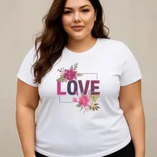 Camiseta Plus Size Feminina Estampada Love Flores Treino 100% Algodão Premium Verão Blusa Camisa