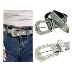 Cinto Feminino Fivela Quadrada Country Strass Brilho Prata Preto Pedraria