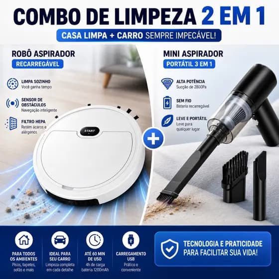 Robô Aspirador de Pó Recarregável Automático + Mini Aspirador Portátil USB Kit Limpeza Casa e Carro