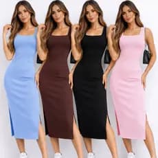 Vestido Feminino Midi Regata Decote Quadrado Canelado/Ribana com Fenda e alça larga Modinha Elegante Casual Festa