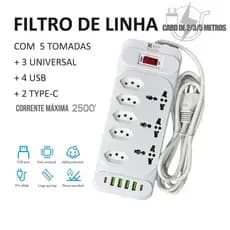 Régua Filtro de Linha com 8 Tomadas Extensão Elétrica 3 Universal 4 U 2 Type c 10A 110V/220V 2/3/5M