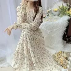Francês estilo suave Floral Chiffon vestido feminino primavera outono manga comprida cintura estreita com decote em V te