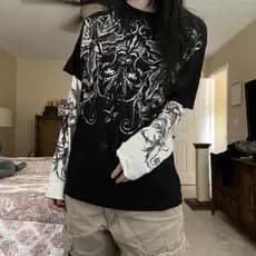 2025 camiseta feminina europeia americana de manga comprida novo estilo solto falso de duas peças de manga comprida impr