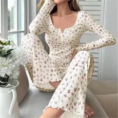 Pijama transfronteiriço de manga comprida com decote em v, pequeno estampa Floral, alface, calças de ondulação, roupa de