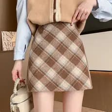 Saia de lã evasê outono inverno meio comprimento saia xadrez feminina novo estilo cintura alta Slim fit a @