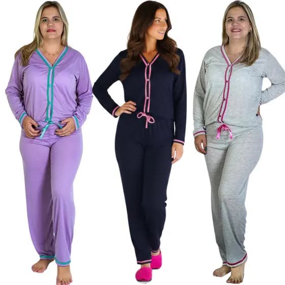 Pijama Americano Longo com Botões Feminino - ideal no Pós Cirúrgico e Amamentação