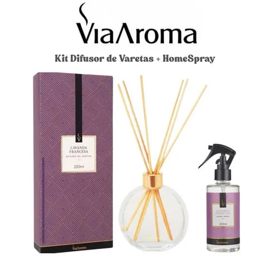 Kit Aromatizador de Ambiente Via Aroma Home Spray 200ml + Difusor de Varetas 200ml