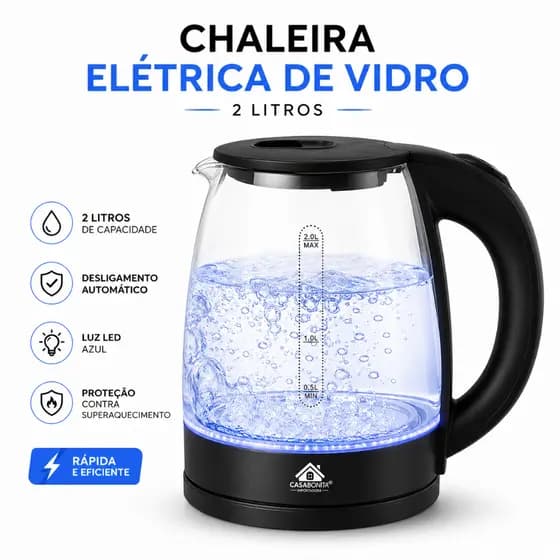 Chaleira Jarra Elétrica de Vidro 2L com Desligamento Automático Base Giratória