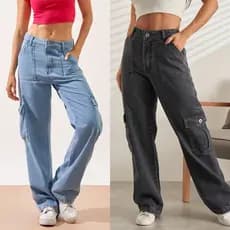 Calca jeans cargo cintura alta wide leg (compra um numero maior para ficar cintura baixo)