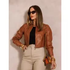 Jaqueta De Couro Fake Pu Zipper Simples Basica