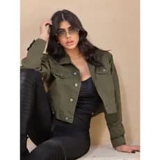 Jaqueta Jeans Feminina Com Botões Verde Militar Bege