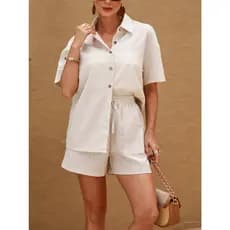 Conjunto Camisa E Short Camisa Praia Camisa Linho Manga Caindo Camisa Social Cintura Elastico Bortao Frontal Importado