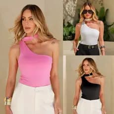 kit 3pcs Body Suplex Feminina Mula Manca Gola Colar Regata Com Forro Um Ombro Tecido Grosso Tendencia Novidade Primavera