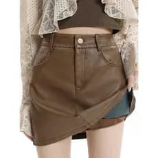 Saia De Couro Fake Pu Com Forro De Short Simples Marrom Basica Zipper Premium Importado