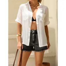 Camisa Feminina Saida de Praia Com  Bolso Manga Curto Camisa Branca Simplez