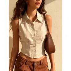 Camisa Linho Fake para mulheres Sem Manga Elegante Cintura Ajustada Blusas Espartilho Barbatana Camisa Social Algodao